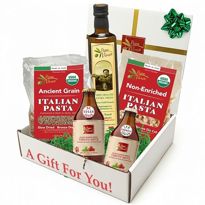 Papa Vince Italian Food Basket - Gourmet Gifts for Adults &amp Families Made in Italy with Organic Pasta Sauce &amp Olive Oil from our family in Sicily