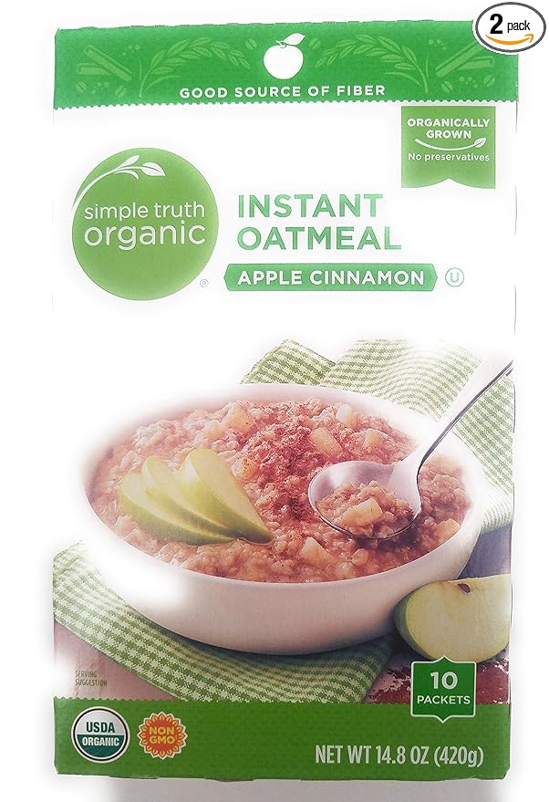 Simple Truth USDA Organic Instant Oatmeal Apple Cinnamon 10 Packets Non GMO (Pack of 2)
