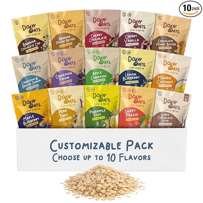 Dozy Oats Overnight Oatmeal Packets Custom Box Pick-Your-Own Flavors with Rolled Oats Chia Seeds Date Powder and Dried Fruit. Gluten-Free Natural Source of Protein and Fiber 10-Pack