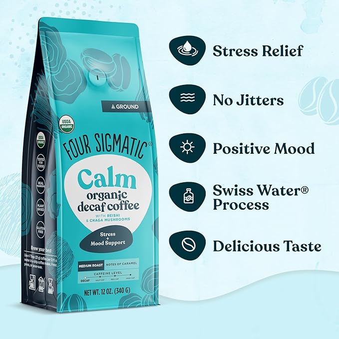 Four Sigmatic Calm Organic Decaf Ground Coffee | Swiss Water Decaf Coffee with Chaga &amp Reishi Mushroom Extracts | 12oz Bag(Pack of 2)