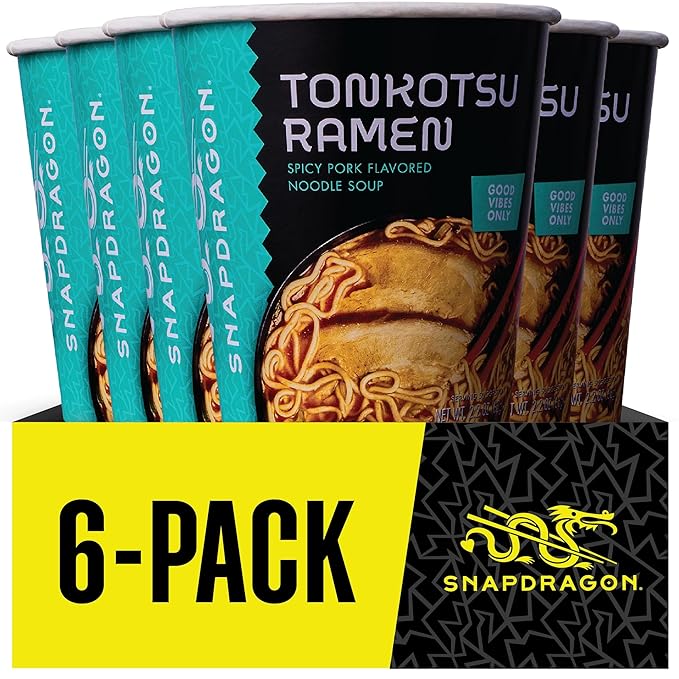 Snapdragon Tonkotsu Ramen Cup Noodles - 6 Pack Instant Ramen Bowl with Authentic Wheat Noodles Soup Sauce Base Flavor and Vege Packs. Microwave or Hot Water Easy Meal Prep