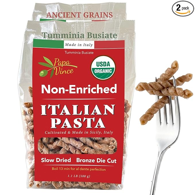 Papa Vince Organic Italian Pasta - Imported Whole Wheat Heirloom Grain from Italy: Non-Enriched Bronze Die-Cut High Fiber Slow Carb Slow-Dried Artisan Busiate Pasta Made in Italy