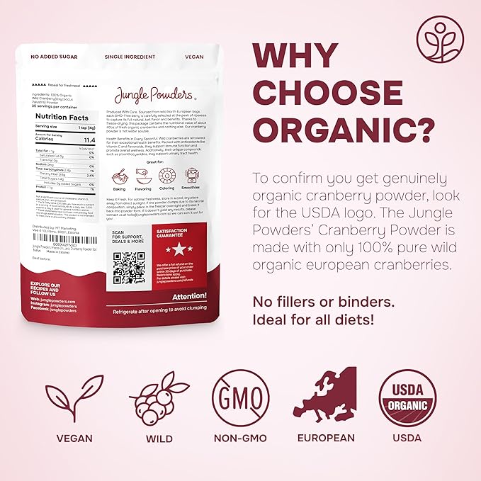 Jungle Powders Wild Cranberry Powder Organic 5 Ounces USDA Certified Freeze Dried Organic Cranberries Powder for Baking Flavoring Smoothies Additive Filler Free Superfood Extract from Whole Berries