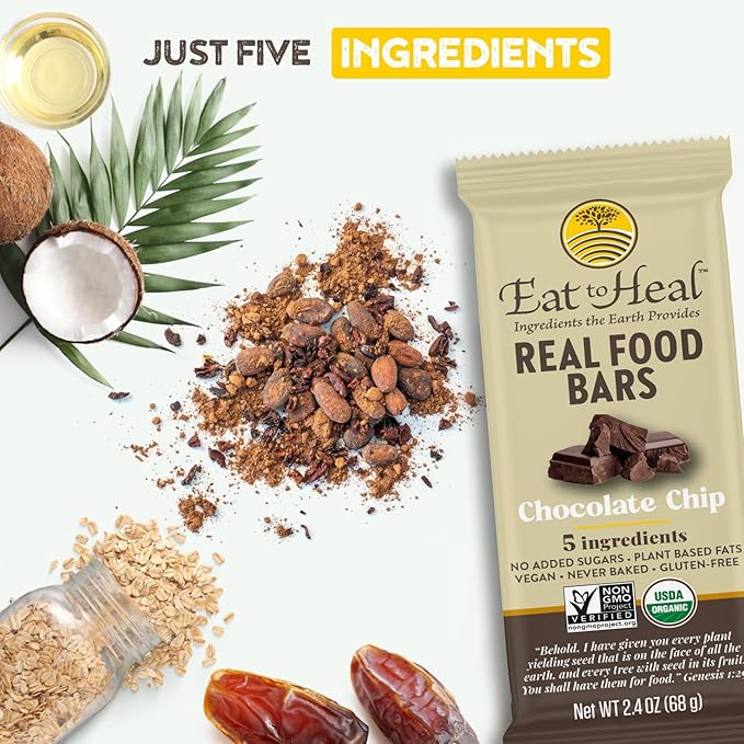 EatToHeal Chocolate Chip Real Food Bar - Organic Vegan Healthy Gluten Free Protein Bars - Low Sugar Meal Replacement Bar Non GMO Never Baked Plant Based - Crafted to Enjoy Not Sit on Shelves