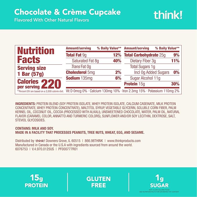 think! Protein Bars High Protein Snacks Gluten Free Kosher Friendly Sweet Treat Chocolate &amp Creme Cupcake 10 Count (Packaging May Vary)