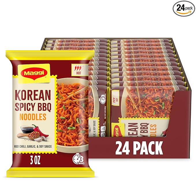 Maggi Korean Spicy BBQ Noodles Korean Instant Noodles 3 min Spicy Ramen Vegetarian Halal Kosher 24-Pack