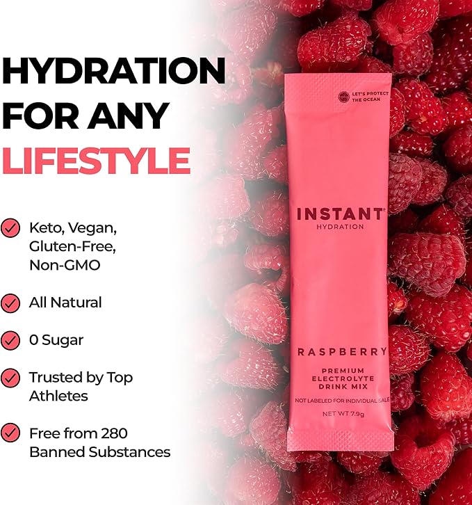 Instant Hydration Electrolytes Powder Packets - Raspberry Electrolyte Drink Mix - Zero Sugar - Keto Vegan Gluten-Free Non-GMO - Boost Recovery Brain Health Muscle &amp Tissue Support- 30 Sticks