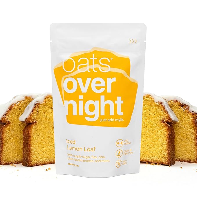 Oats Overnight Iced Lemon Loaf - Overnight Oats with 20g Plant-Based Protein High Fiber Breakfast Protein Shake - Vegan Gluten Free Oatmeal Non GMO High Protein Oatmeal (2.4 oz per Meal) (16 Pack)