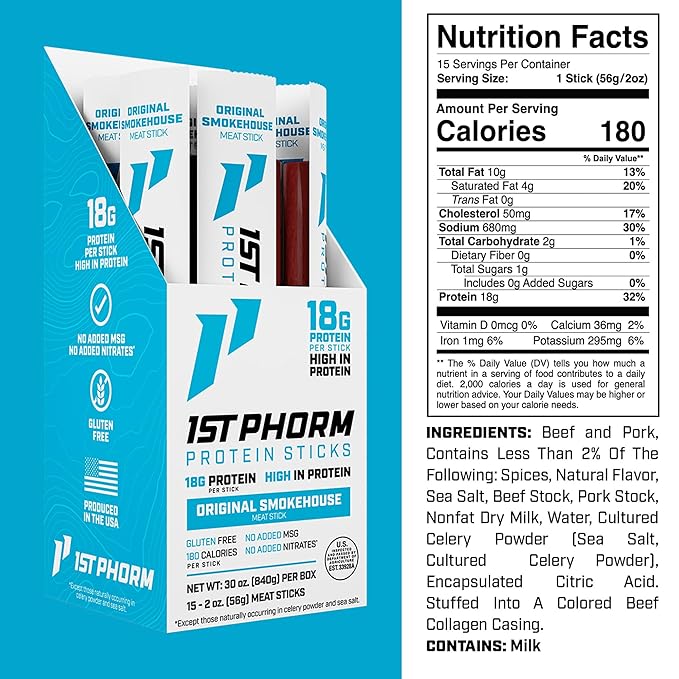 1st Phorm Meat Sticks Original Smokehouse 18G Protein per Serving USA Raised Lean Beef and Pork High Protein Snacks Gluten Free No Msg or Nitrates Individually Wrapped 15 Count