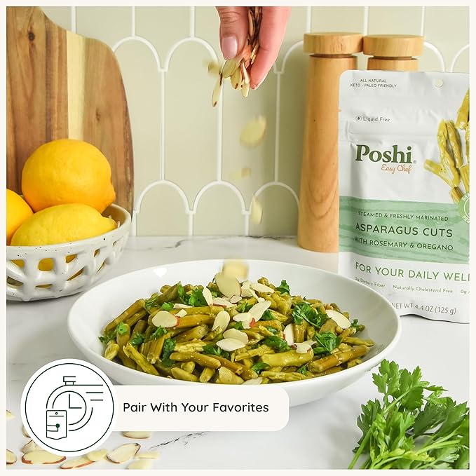 POSHI Marinated Asparagus Cuts with Rosemary + Oregano Natural Keto Vegan Non GMO Low Carb + Calorie Gluten Free Ready to Eat Fully Cooked Vegetables Pentry Food Gourmet Healthy 6 Pack 4.4oz