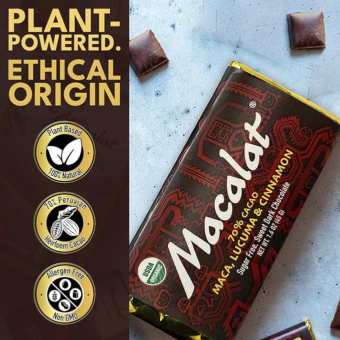Macalat Original Sugar-Free Sweet Dark Chocolate 70% Peruvian Organic Cacao Bar with Lucuma and Cinnamon Sweetened with Allulose and Monkfruit Chocolate Bar Vegan Non-GMO 1.5 oz
