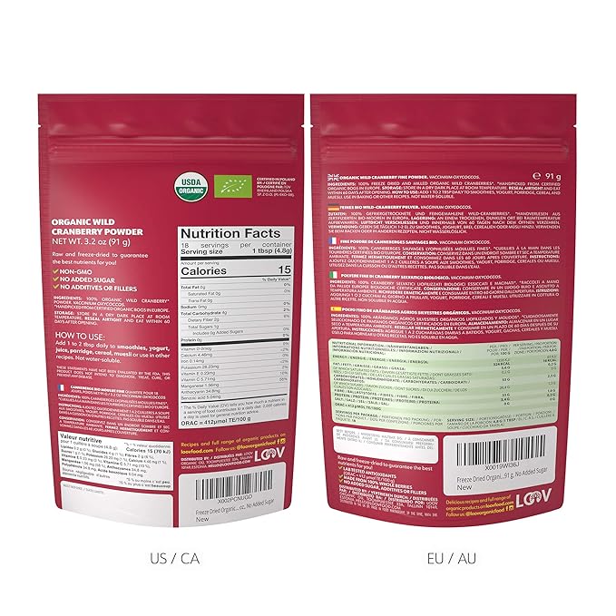 LOOV Bundle | 1 Organic Wild Blueberry Powder and 1 Organic Wild Cranberry Powder | No Added Sugar | Freeze Dried Berries from Northern Europe | 3.2Oz Packs