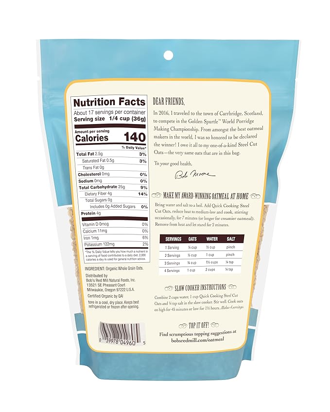 Bob's Red Mill Organic Quick Cooking Steel Cut Oats 22oz (Pack of 4) - Non GMO Whole Grain Vegan Kosher