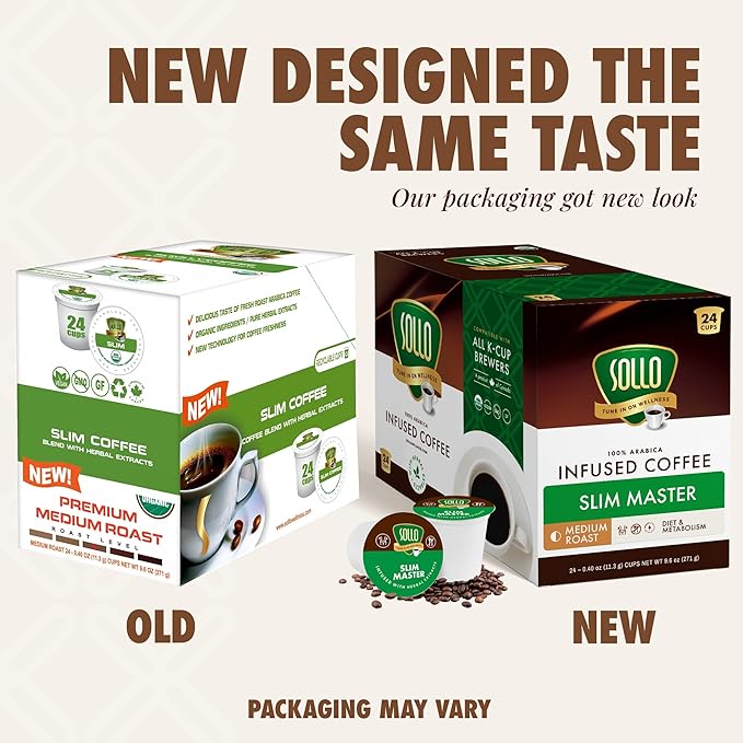 SOLLO Organic Slim Coffee Pods Medium Roast Low Acid Diet-Support Slim Single Serve Pods Compatible With 2.0 K-Cup Keurig Brewers 24 K Cup