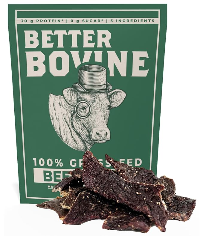BETTER BOVINE Grass Fed Extra Lean Beef Jerky Keto Paleo Low Carb High Protein Gluten Free Sugar Free Non-GMO Nitrate Free Preservative Free No Antibiotics No Added Hormones 30g Protein 0