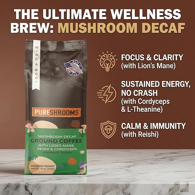 PureShrooms Decaf Mushroom Coffee | Single Origin Swiss Water Ground Infused with Organic Lion’s Mane Reishi &amp Cordyceps + L‑Theanine – Guatemala 12 oz Bag