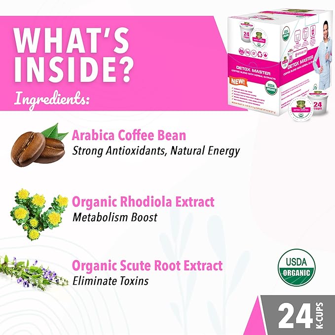 SOLLO Organic Detox Coffee Pods with Superfoods Herbal Extracts Bold and Smooth Compatible with Keurig 2.0 Brewers 24 K-Cup