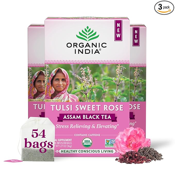 Organic India Tulsi Sweet Rose Assam Black Tea - Stress Relieving &amp Elevating 17mg of Caffeine Per Cup With Ayurvedic Herbs Vegan USDA Organic Non-GMO - 18 Rose Tea Bags (Pack of 3)