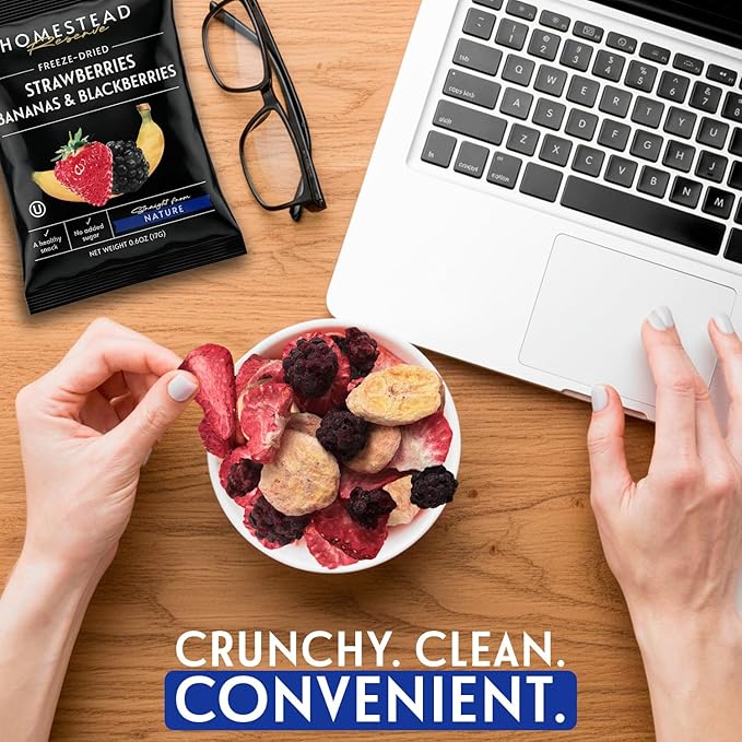 HOMESTEAD RESERVE Freeze Dried Fruit Snacks Pack of 8 (0.6oz Each) – Bulk Freeze-Dried Fruit for Home or Travel – Individual Snack Packs for Lunchboxes – Includes Apples Strawberries Blackberries &