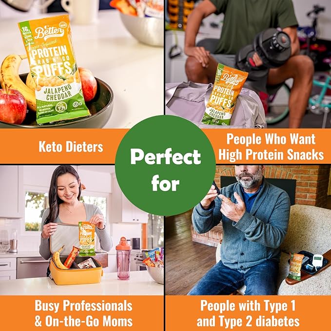 Better Than Good Savory Keto Jalapeno Cheddar Protein Puffs | Gluten-Free -16g Protein Low Sugar Low Calorie Diabetic Friendly Snacks | Low carb Healthy Kids Snack | No Artificial Flavours (12-Pac