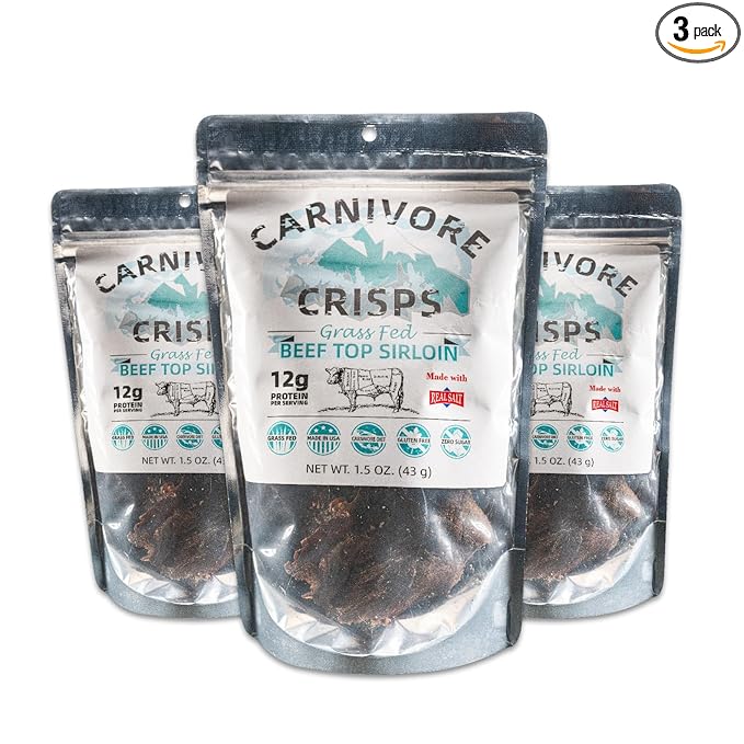 Carnivore Crisps Grass Fed and Finished Beef Top Sirloin Beef Crips High Protein Keto &amp Carnivore Diet Approved Gluten-Free No Hormones 1.5 oz (Pack of 3)