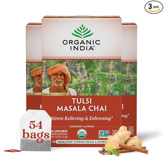 ORGANIC INDIA Tulsi Masala Chai Tea Bags - Holy Basil Black Tea Spices with Ginger Stress Relieving Immune Support USDA Certified Organic Antioxidant Caffeinated - 18 Infusion Bags 3 Pack