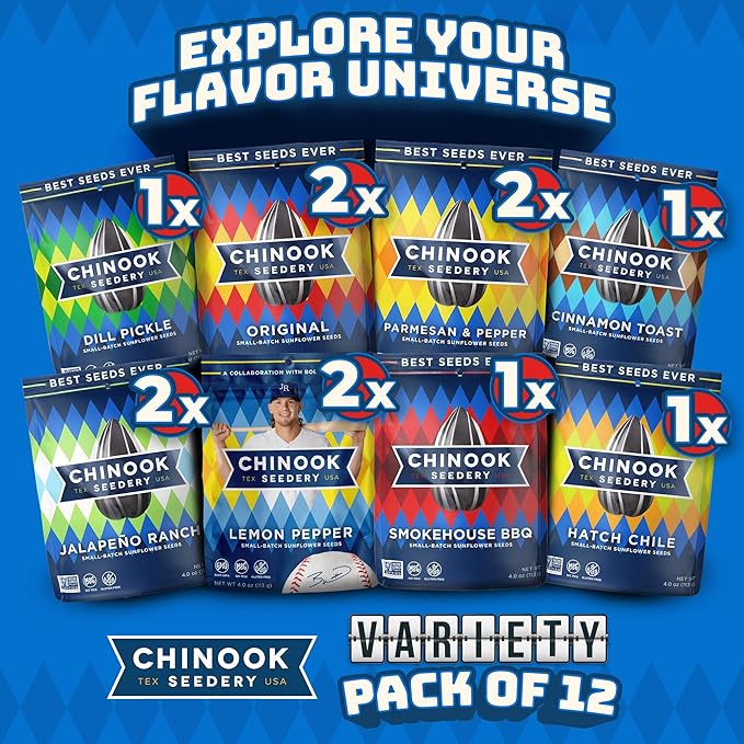 Chinook Seedery Sunflower Seeds to Eat — Jumbo Flavored Roasted Low Sodium Snacks — Keto Friendly Gluten-Free Non-GMO — 8 Flavor Variety Pack 4 oz (12-Pack)