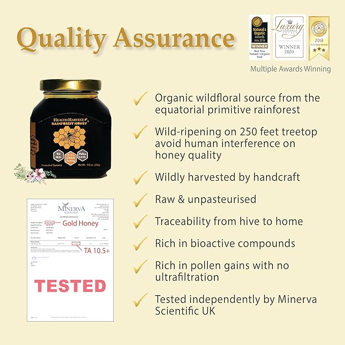 Premium Tualang Gold Honey 8.8oz (TA 10.5+ Pollen Count 6.5M+ Pollen Variety 200+) Supreme Choice for Rehabilitation Wild-ripening on 250ft Treetop Raw Unpasteurised Unfiltered