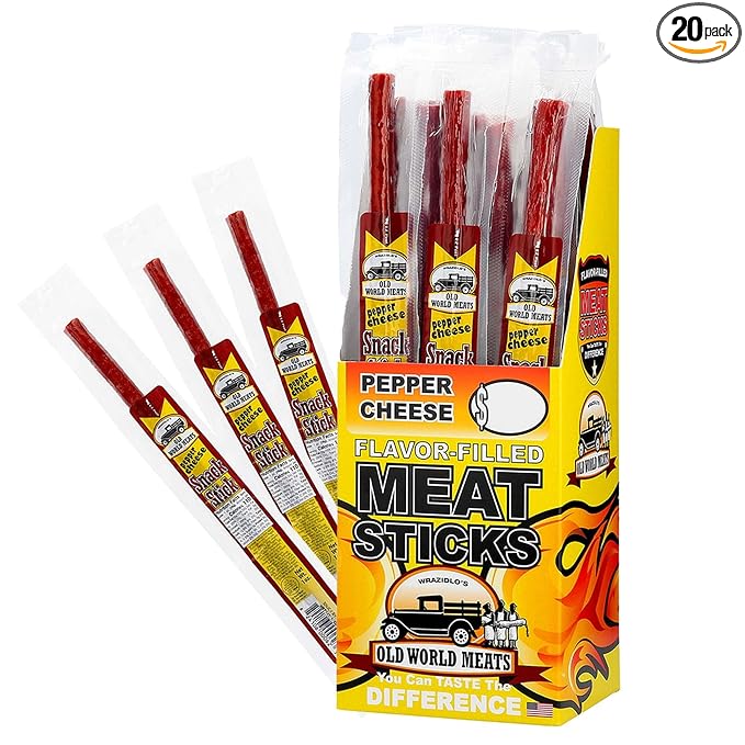 Old World Meats Meat Sticks 110 Calories Keto Low Carb 1g Sugar Fuelings 20 Pack 1 ounce sticks (Pepper Cheese)