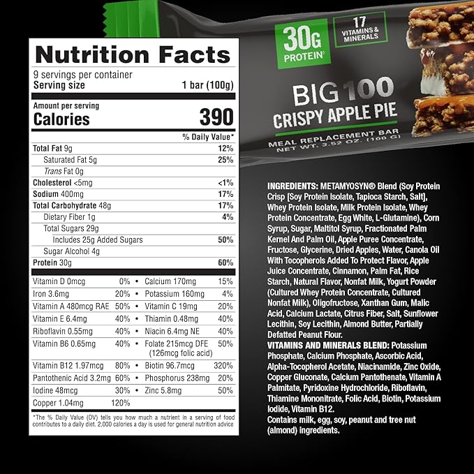 MET-Rx Big 100 Colossal Protein Bars Crispy Apple Pie Meal Replacement Bars 9 Count