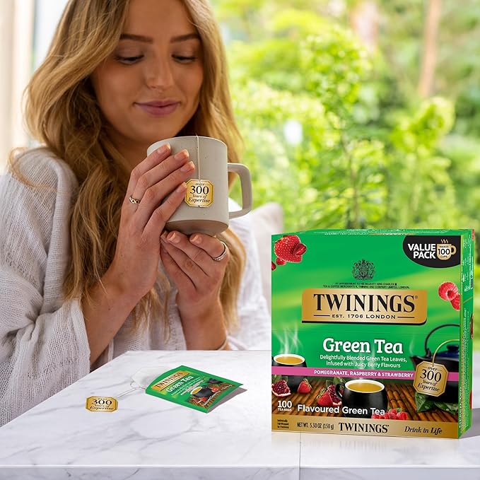 Twinings Green Tea with Pomegranate Raspberry &amp Strawberry Individually Wrapped Bags 100 Count (Pack of 1) Caffeinated Enjoy Hot or Iced 100 Teabags