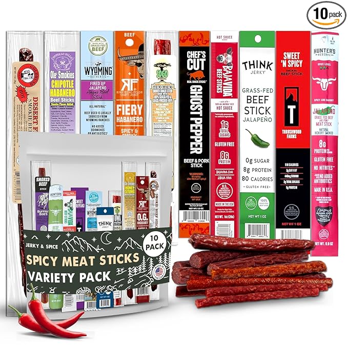Jerky-n-Spice Premium Spicy Meat Sticks Variety Pack (10 Count) | Exotic Beef Jerky Gifts for Men | Assorted High Protein Snacks | Beef Stick Sampler | Ideal for Birthday Road Trip &amp Camping