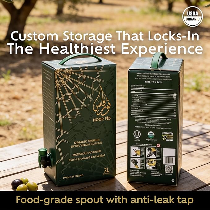 NOOR FÈS Extra Virgin Olive Oil | 24 Global Awards | 584 mg/kg High in Polyphenols | USDA Organic | Premium Moroccan Picholine Olives | Great Gift for Chefs | Cold Extracted Olive Oil | 67 Fl Oz