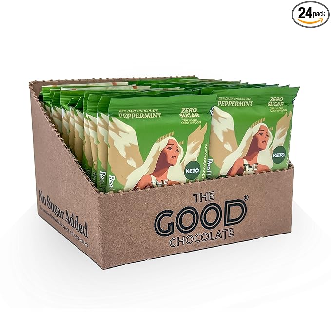 The Good Chocolate - Keto Mint Chocolate Squares Zero Sugar Lower Net Carb Snack Lower Calorie Vegan Chocolate Candy 24 Square Family Packs