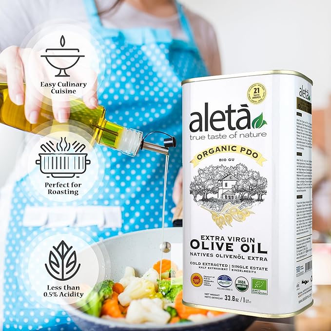Aleta Farms Olive Oil Extra Virgin USDA Organic Single Estate PDO Polyphenol Rich Olive Oil Cold Pressed Global Gold Awards Kosher 33.8 Fl oz (1 Ltr) Pack of 4