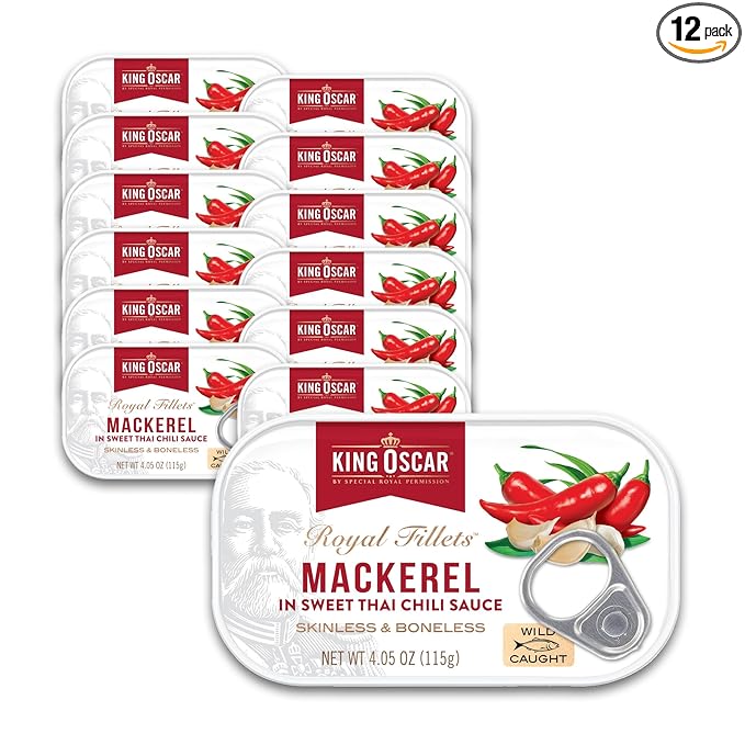 King Oscar Mackerel in Sweet Thai Chili Sauce 4.05 Ounce Can (Pack of 12) Skinless &amp Boneless Wild Caught Canned Mackerel