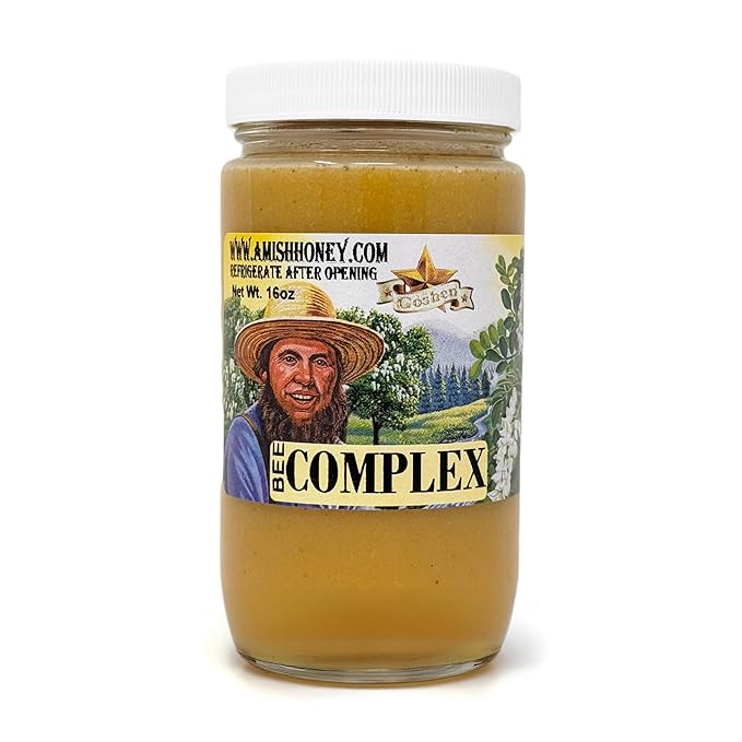Goshen Amish Raw Honey Bee Complex - With 4 Types of Honey plus 4 Bee Hive Products - Unfiltered Unprocessed Pure &amp Natural Bee Essence - Wellness &amp Energy - Dairy &amp Gluten Free - 454g /