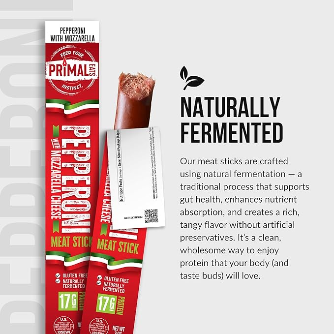 Primal Eats Pepperoni W/Mozzarella Beef Brisket Meat Sticks 3oz 10-Pack - 19g Lean Meat Protein Keto Paleo Carnivore Gluten Free low Sugar Beef Jerky Snack Stick