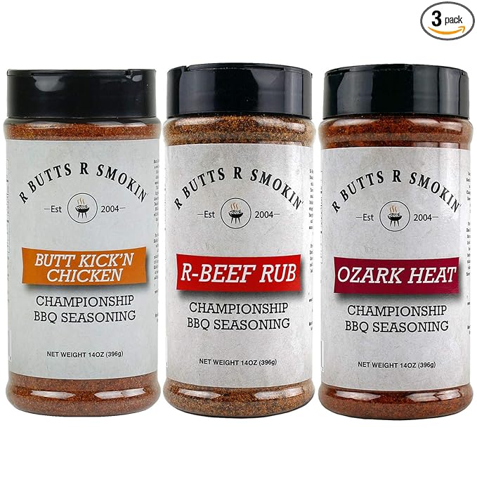 3 set R Butts R Smokin' Set of 3 Ozark Heat Butt Kickn Chicken &amp R-Beef BBQ Seasoning 14 oz Bottles - Barbecue Grill and Cooking Spice for Pork Chicken Beef Steak Ribs and Vegetables