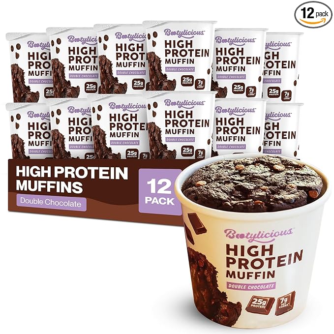 Bootylicious | 25g Protein Muffin | Double Chocolate | Low Carb 16g-18g Fiber Low Glycimic Index Low Sugar 2.75oz Cup 12-Pack