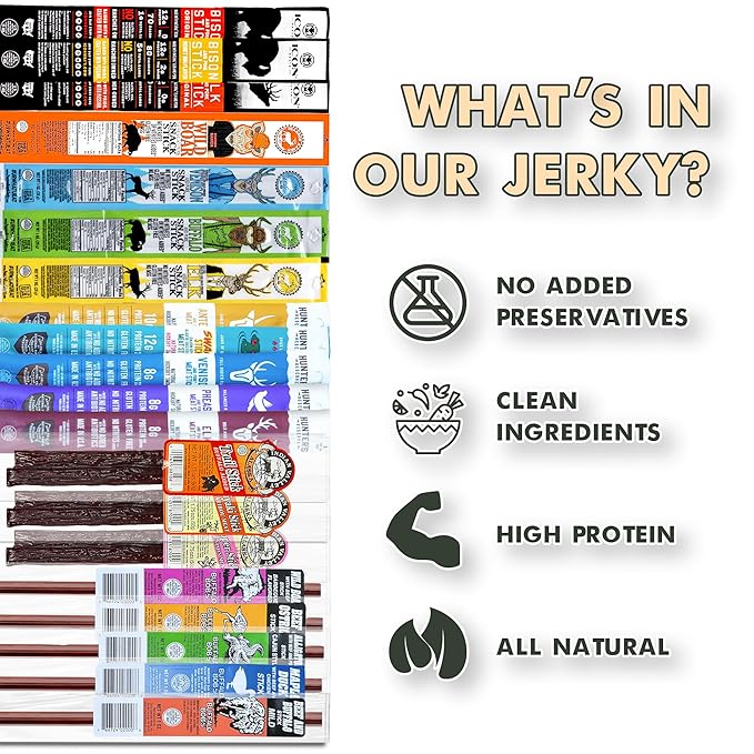 Jerky-n-Spice Exotic Jerky Sticks Gift Box | Snacks Variety Pack for Adults | Exotic Meat Sampler | Beef Jerky Gift Basket for Birthday &amp Any Occasions | Meat Bouquet Healthy Snack Box | 20 Pack