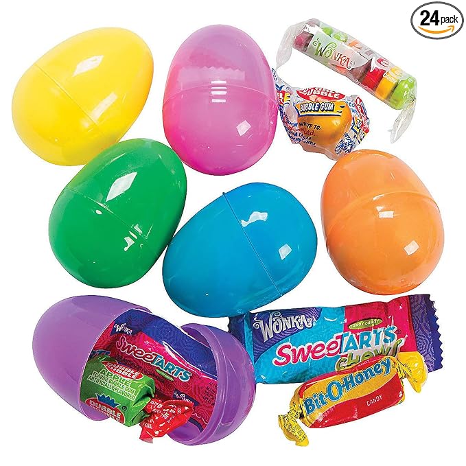 Fun Express Prefilled Easter Eggs Bulk 24 Count - Premium Candy Filled Plastic Eggs for Easter Hunt | Assorted Chocolate &amp Sweet Treats Inside | Perfect Easter Basket Stuffers for Kids Party Suppl