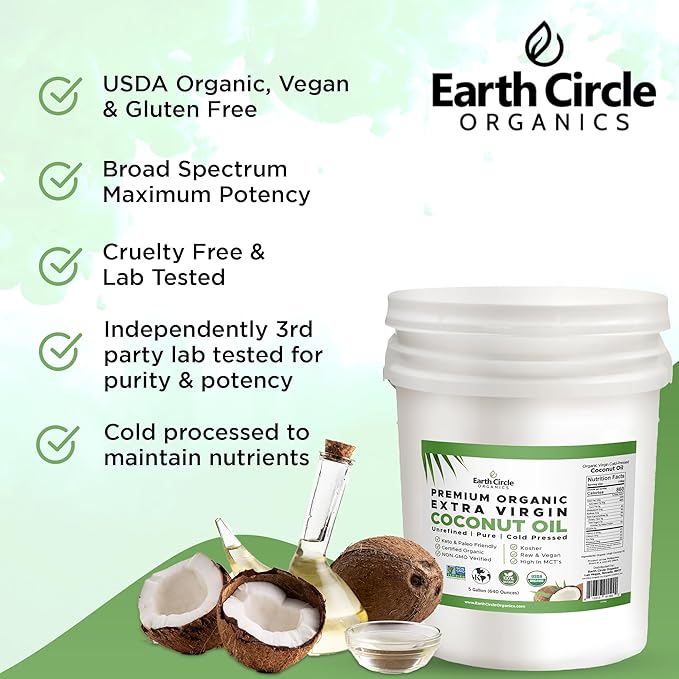 Earth Circle Organics Premium Ultra-Pure UNREFINED Cold Pressed Organic Extra Virgin Coconut Oil - Gluten-Free Keto &amp Paleo Friendly - Pure Oil for Skin &amp Hair Care Cooking Baking &amp Mor