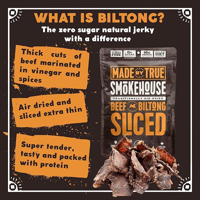 Made by True Beef Sliced Bites Smokehouse (8 Ounce Pack of 1) - All Natural Zero-Sugar True Jerky Biltong - High Protein Keto Paleo &amp Whole30 Diet - Sugar-Free Gluten-Free Carb-Free Snack P