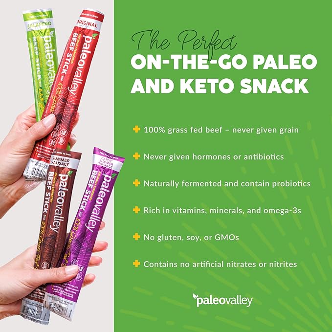 Paleovalley 100% Grass Fed Beef Sticks - Delicious Gluten Free Beef Snack - High Protein Keto Friendly 40 Count Variety Pack