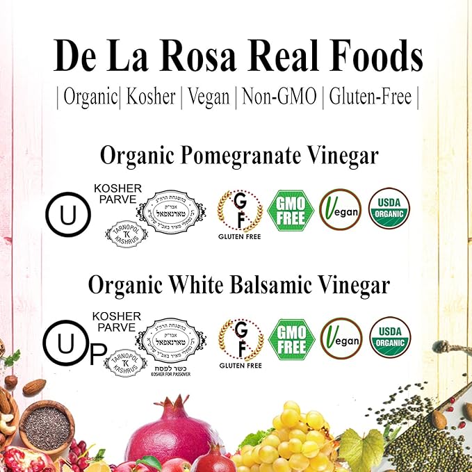 De La Rosa Organic Pomegranate and White Balsamic Vinegar Vegan Kosher Non-GMO &amp Gluten Free Great for Salad Dressings Marinades &amp More 16.9 Oz (Pack of 2)