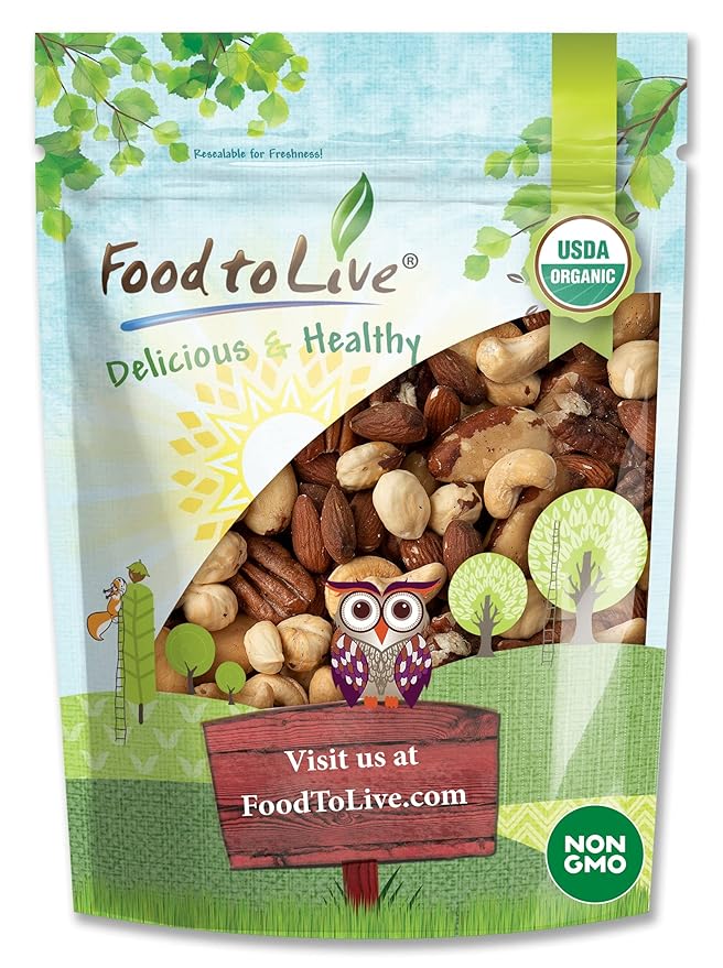 Food to Live Organic Deluxe Nuts Mix 8 Ounces A Blend of Dry Roasted Pecans Cashews Filberts Almonds and Brazil Nuts with Himalayan Salt. Non-GMO Oven Roasted and Lightly Salted. Kosher Bulk