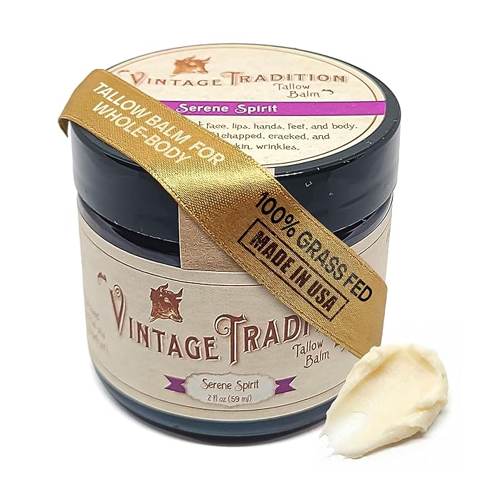 Vintage Tradition Beef Tallow All Purpose Balm - Healing Hydrating Fragrant Forest Skin Care Salve Replaces Body Lotion Hand Cream More - Essential Oil Olive Oil and Grass-Fed Tallow 2 fl oz.