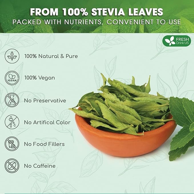 FreshDrinkUS Premium 500+ Natural Stevia Leaves Whole Dried Leaves 100% Pure Stevia Dried Leaves Zero Calorie Sweetener No Additives No Caffeine Vegan