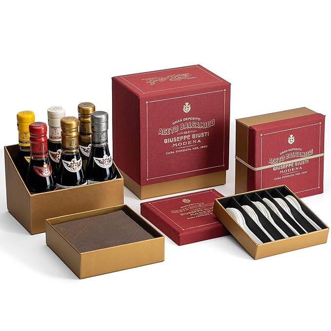 Giusti - Tasting Set - Balsamic Vinegar of Modena Historical Collection and White Condiment - Includes Spoons and Napkins - 6x 100ml
